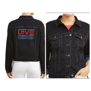 NEW Womens Jean Jacket Medium Love Script Dark Wash Stretch Denim FREE SHIP